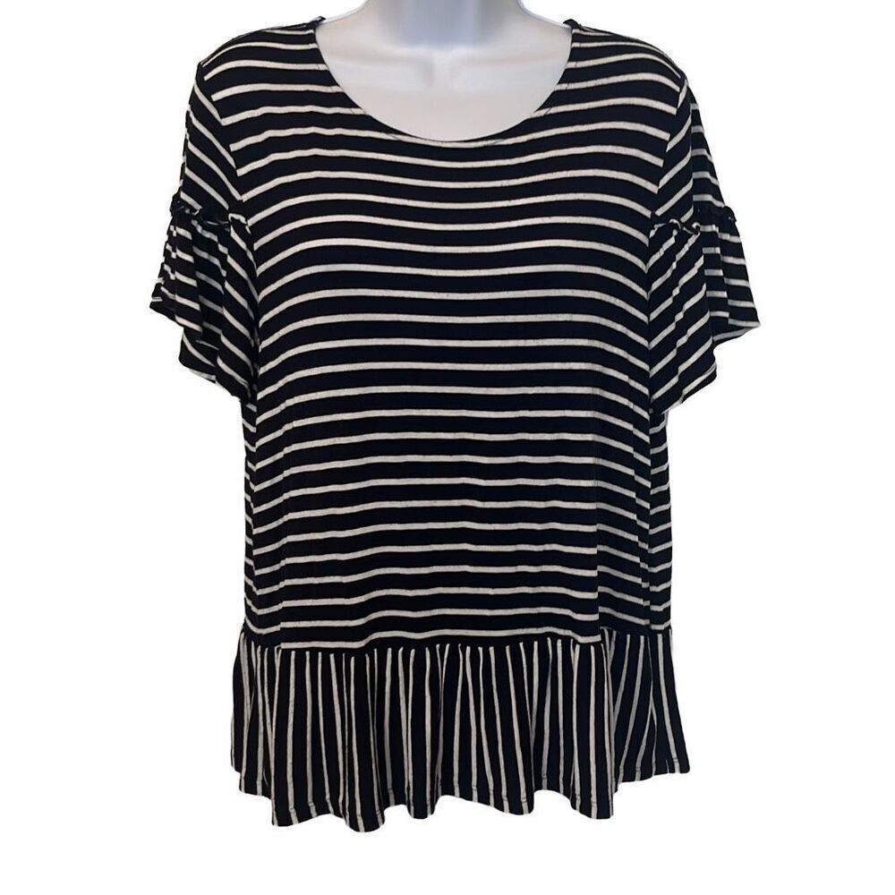 Pleione‎ Navy White Stripe Ruffle Sleeve Peplum Knit Top Medium Preppy Nautical